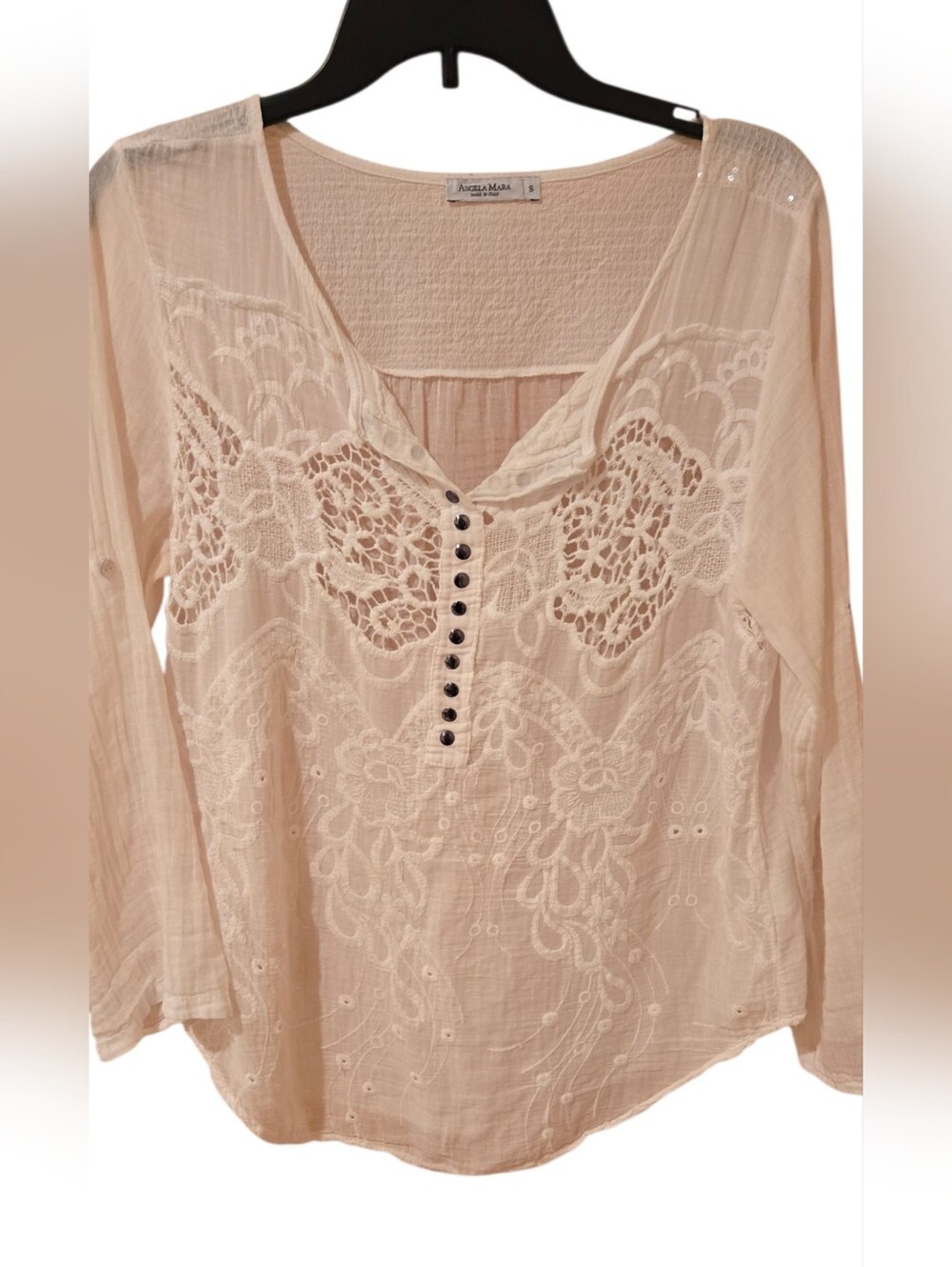 Angela Mara Lace-Embroidered Boho Top  Size Small